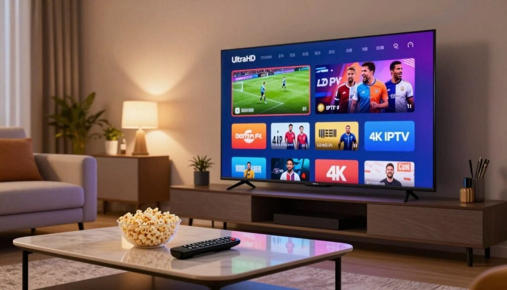 A modern living room featuring a sleek Ultra HD Smart TV displaying vibrant content from a 4K IPTV streaming service. In the foreground, a stylish coffee table sits with a remote control and popcorn bowl, suggesting an inviting viewing experience. The middle of the scene showcases a bright and colorful interface on the TV, highlighting sports and movie streaming options with stunning visual clarity. The background reveals a cozy seating arrangement with contemporary furniture and soft lighting that enhances the atmosphere of relaxation and enjoyment. The lighting is warm, creating a comfortable ambiance, while the angle captures the view from a slight low perspective, emphasizing the majesty of the Ultra HD screen. The mood evokes excitement and anticipation for quality entertainment in high resolution.