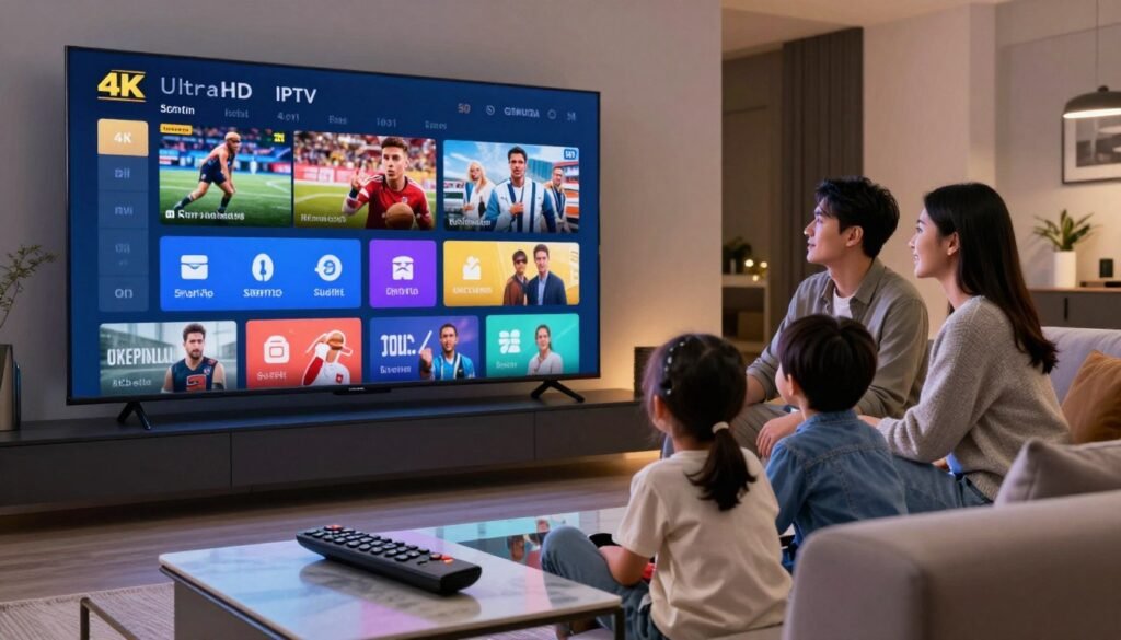 A sleek modern living room featuring a large ultra HD Smart TV displaying vibrant 4K IPTV streaming content. The scene captures a family of four, dressed in casual but polished attire, gathered on a comfortable sofa, their faces illuminated by the vivid colors of the screen. In the foreground, a remote control rests on a stylish coffee table. The middle ground showcases the dynamic TV interface with various icons for sports and movies, emphasizing crisp details in 4K resolution. The background reveals soft ambient lighting and tasteful decor, creating a cozy atmosphere. The overall mood is inviting and engaging, highlighting the excitement of watching favorite content in stunning quality. No text or watermarks are present.