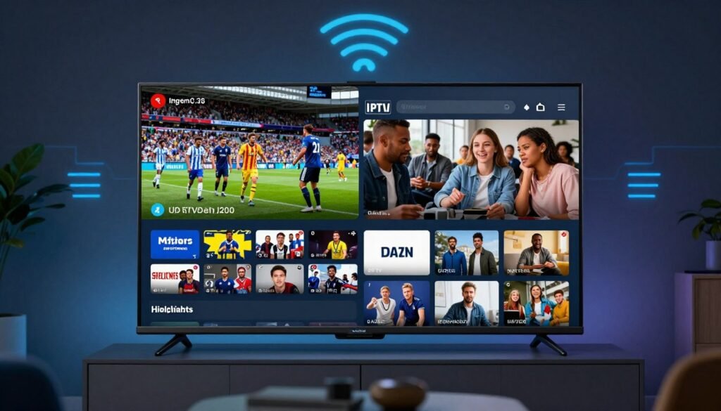A split-screen image contrasting IPTV services and DAZN, centered on the theme of sports access. In the foreground, depict a sleek, modern living room with a large flat-screen TV displaying a vibrant sports scene, showcasing popular competitions like soccer and basketball. On one side, visualize a user interacting with an IPTV interface featuring various sports channels, their expression focused and engaged. On the opposite side, illustrate a DAZN interface with highlights and streaming options, featuring a diverse group of friends watching together, immersed in the experience. In the background, incorporate abstract representations of internet signals and streaming data flows, with a cool-toned color palette emphasizing a tech-savvy atmosphere. Use soft lighting to create a cozy, inviting vibe, with a slight lens blur to enhance the focus on the interfaces.