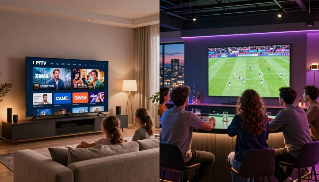 A split-screen image depicting the differences between IPTV and Canal+. On the left, a modern living room with a sleek smart TV displaying an IPTV interface, featuring a diverse family seating on a comfortable sofa, engrossed in a movie. Soft, warm lighting illuminates the room, creating a cozy atmosphere. On the right, a stylish bar setting showcasing a group of friends watching a sports event on a large screen, with the Canal+ logo subtly integrated into the design. The environment feels lively and energetic, with bright lights and focused angles emphasizing the excitement of live sports. The background gently blends into a dynamic cityscape at dusk, enhancing the contrast between home entertainment and shared viewing experiences in public spaces.